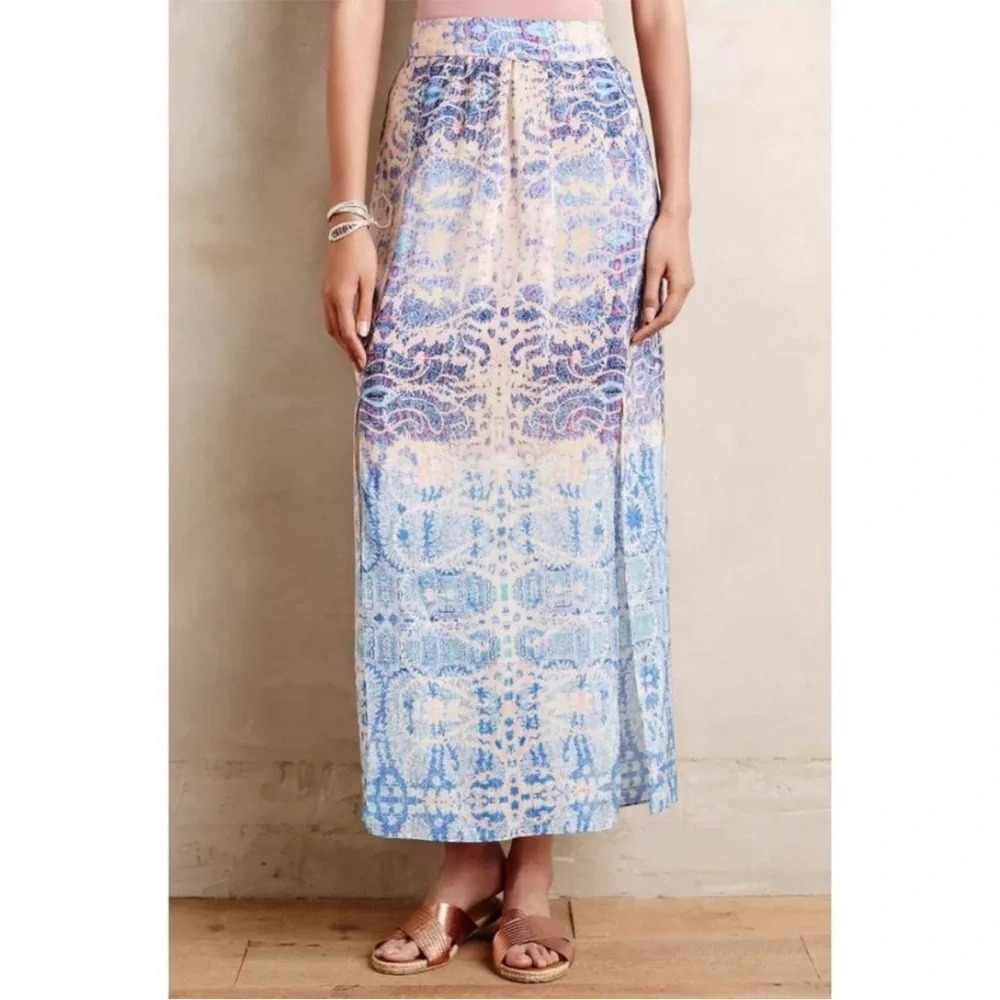 Anthropologie Maeve Waimea Silk Maxi Skirt Boho Watercolor Print Blue Small
